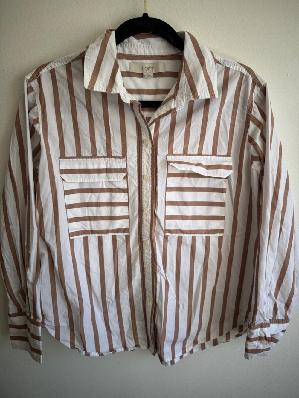 LOFT White and Brown Vertical Stripe Button-Down Shirt